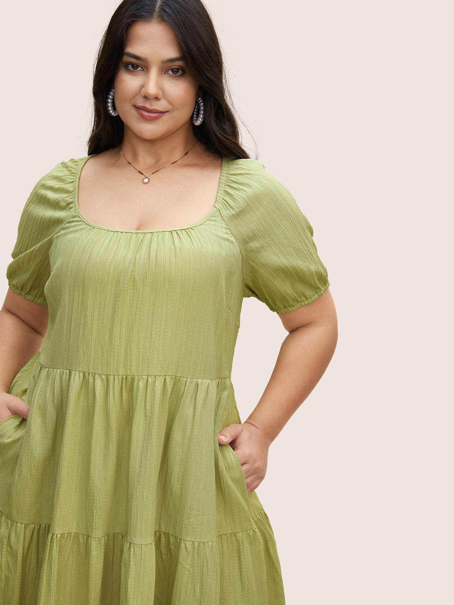 Texture Gathered Ruffle Layered Hem Midi Dress