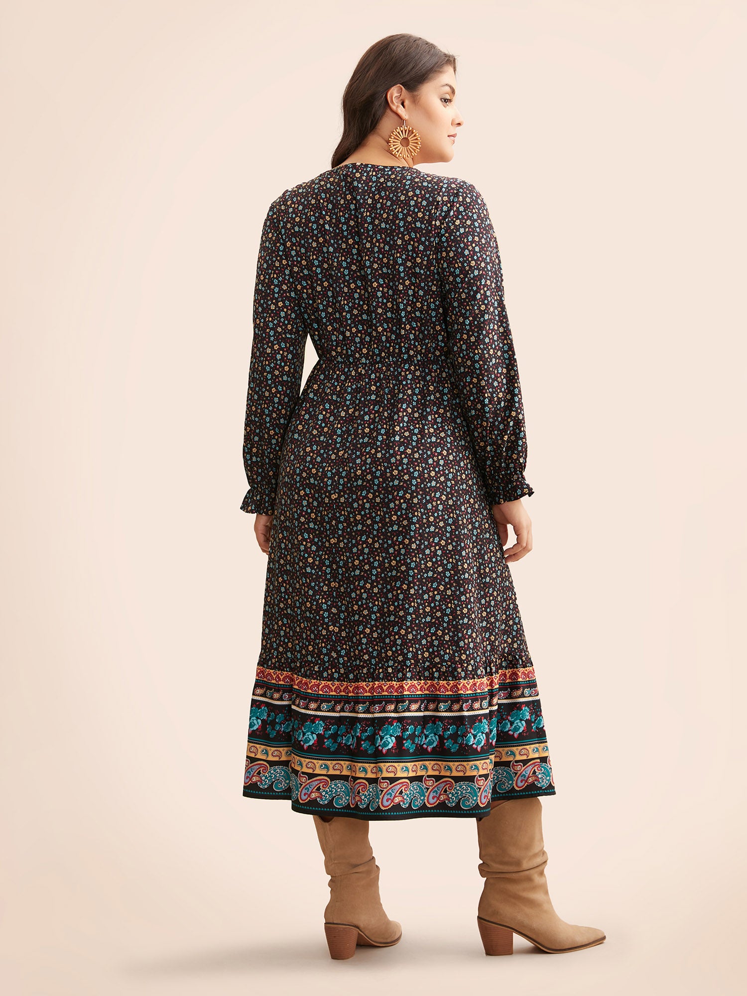 Boho Print V Neck Elastic Waist Dress