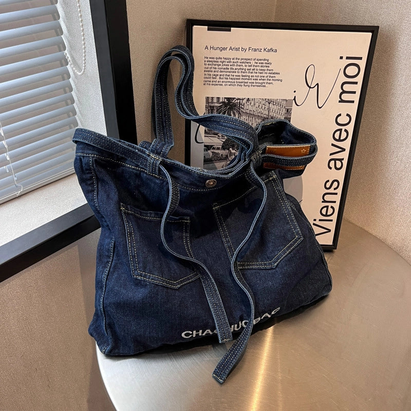 Women's Large Denim Solid Color Streetwear Magnetic Buckle Tote Bag