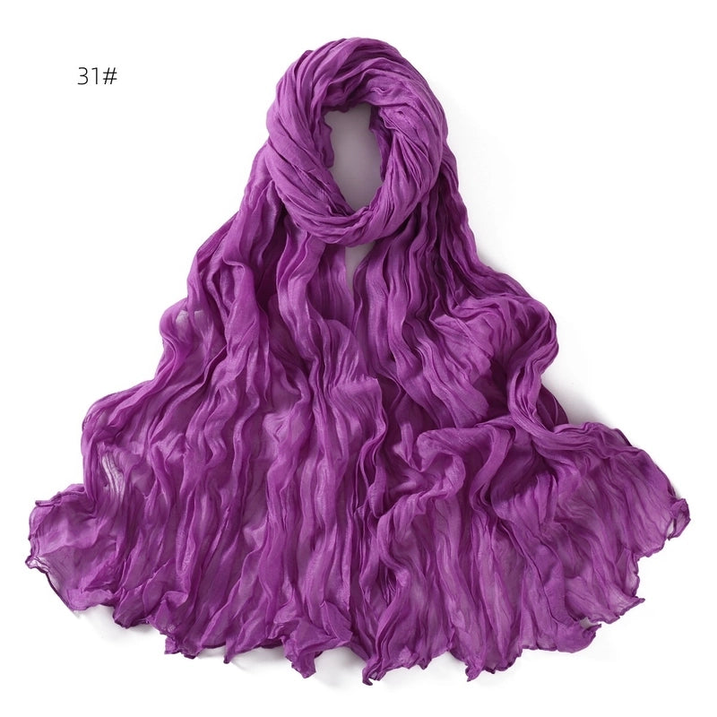 Spring And Autumn Pure Color Silk Yarn Twist Wrinkle Cotton And Linen Breathable Thin Scarf Female Cover Scarf In Stock