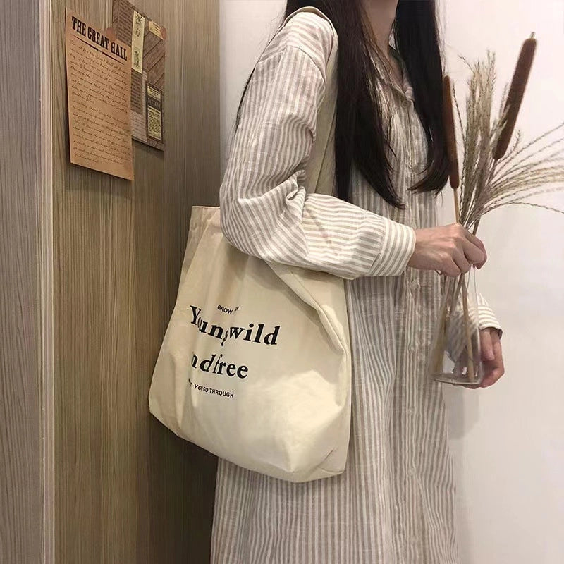 Women's Large Canvas Letter Basic Classic Style Zipper Canvas Bag