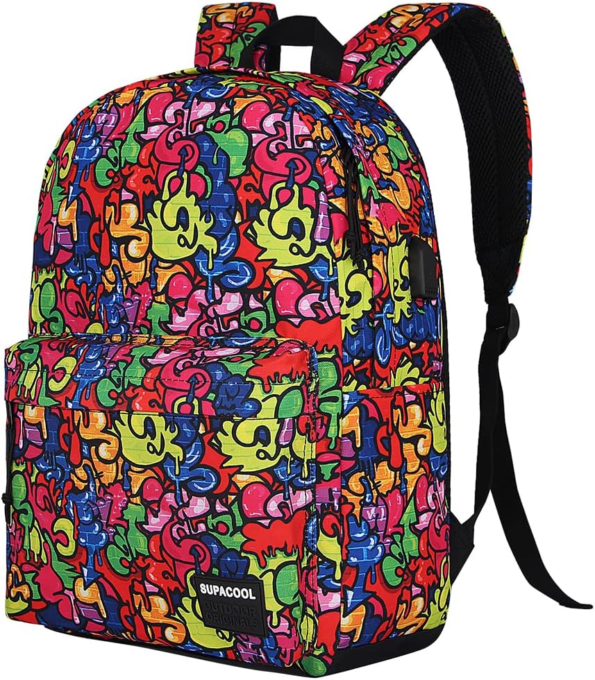 SUPACOOL Casual Laptop Backpack for Men and Women, School Backpack for Boys and Girls, College Bookbag, USB Charging Port, Lightweight Back Pack(Black)