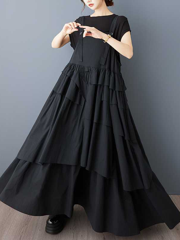 A-Line Loose Asymmetric Buttoned Pleated Spaghetti-Neck Maxi Dresses Suspender Dress