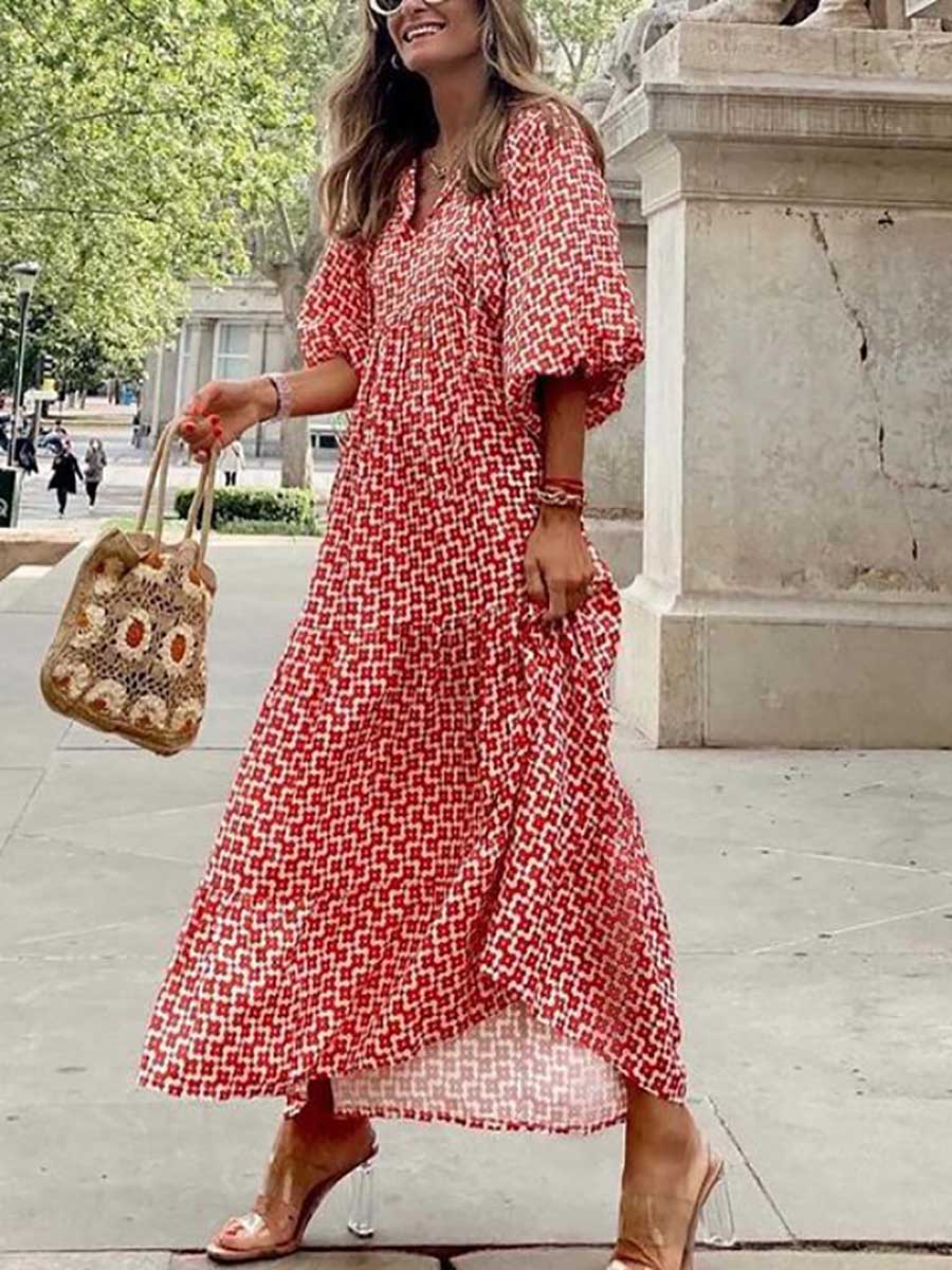 Printed Bubble Sleeve Dress