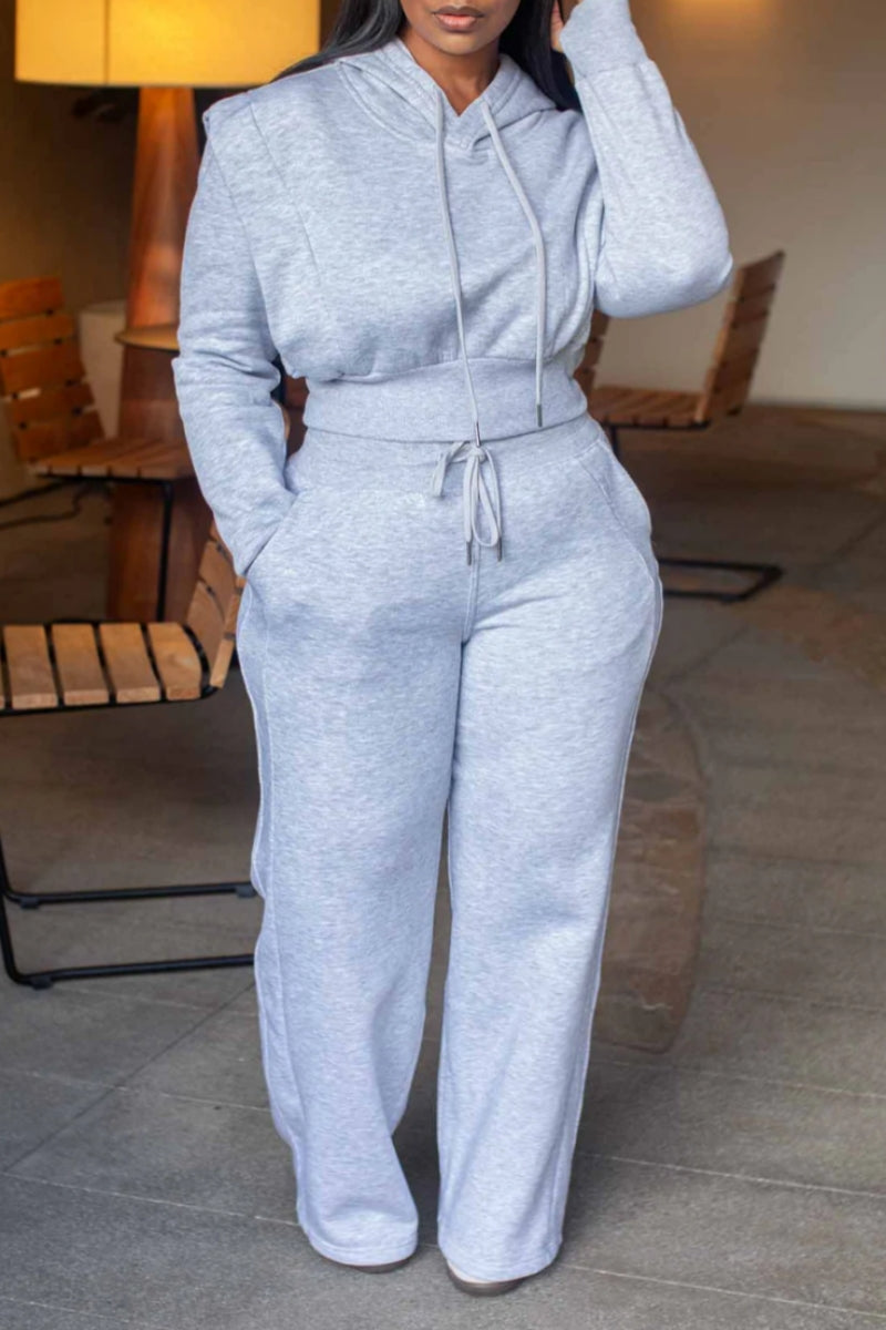 Casual Daily Solid Color Patchwork Hooded Long Sleeve Two Pieces