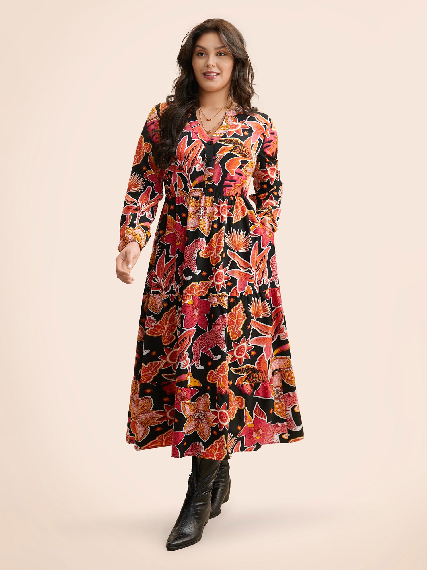 Notched Floral Elastic Waist Maxi Dress