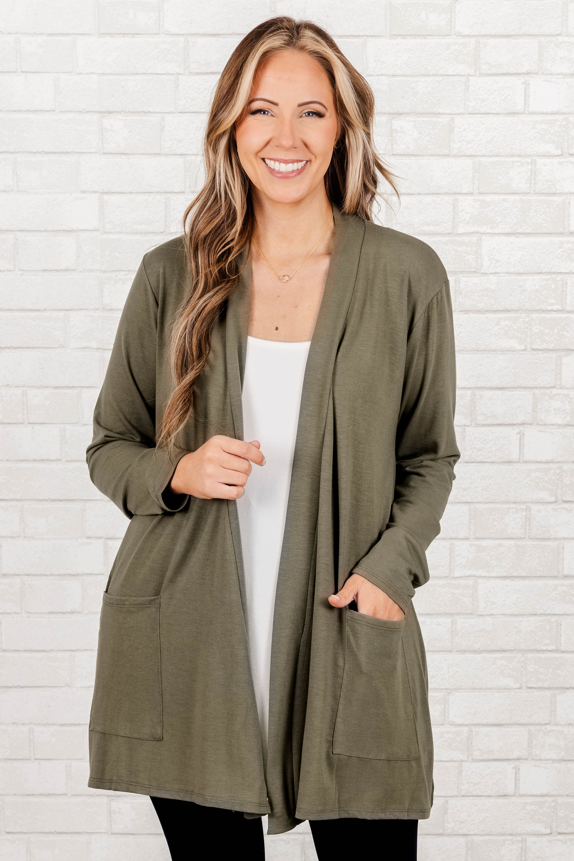 Kindness And Compassion Cardigan. Light Olive