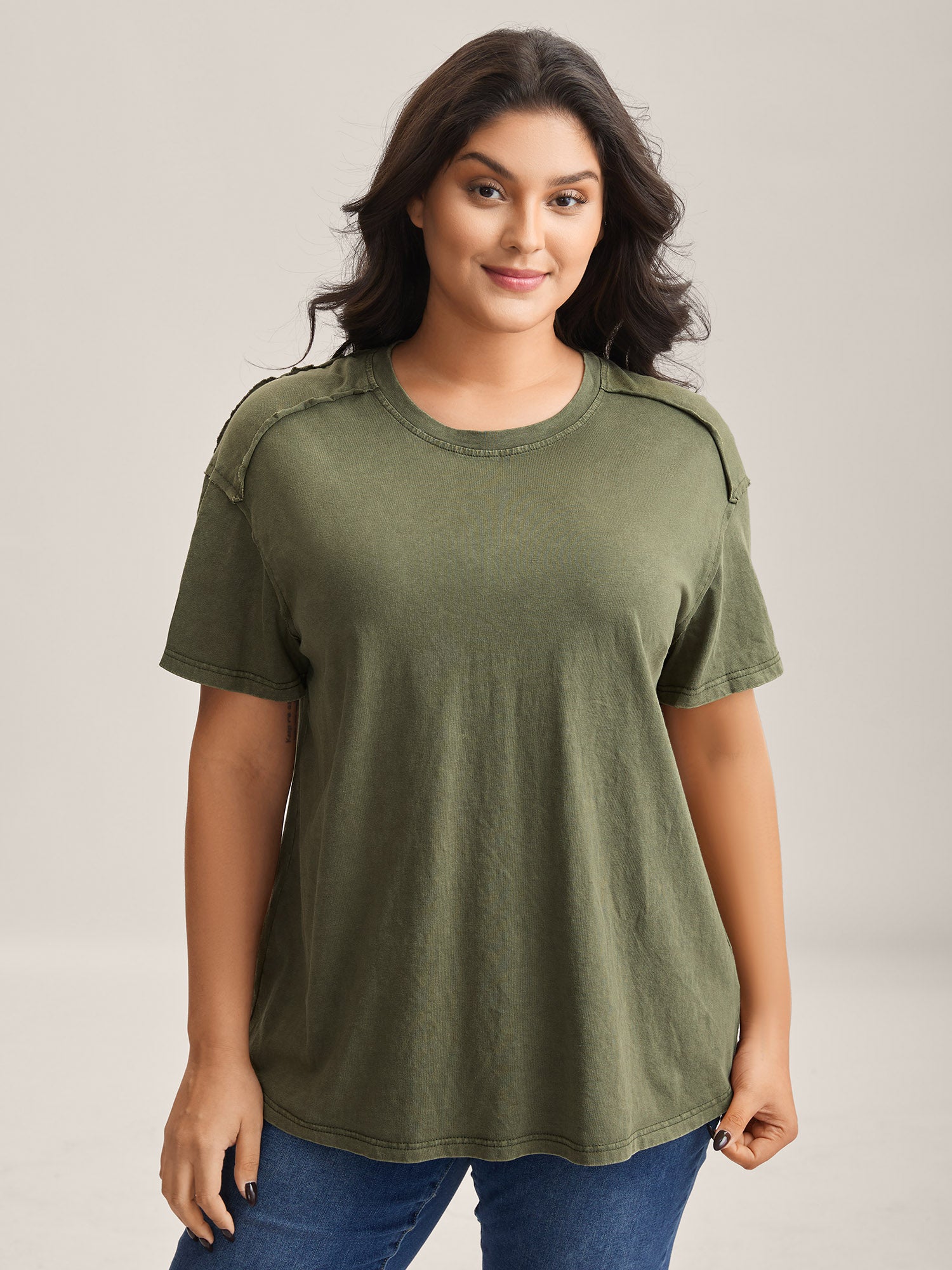 Cotton Vintage Frayed Hem Crew Neck T-Shirt