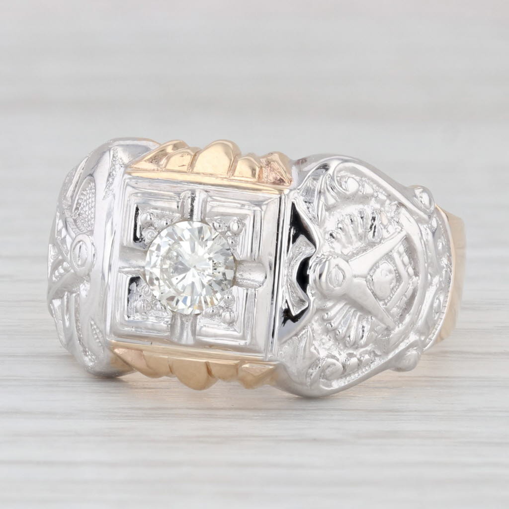 0.57ct Diamond Past Master Ring 14k Gold Size 11.5 Masonic Signet Square Compass