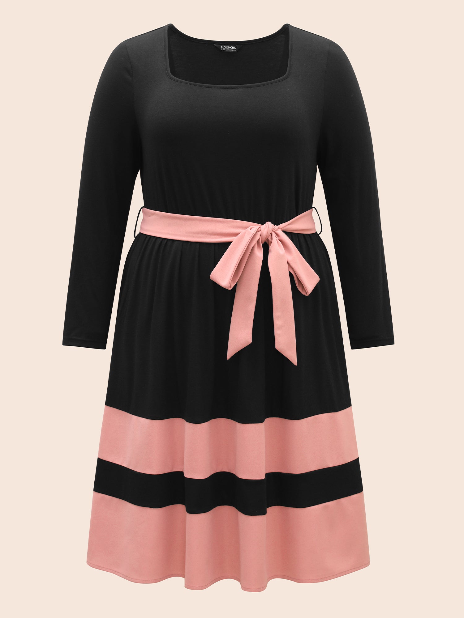 Two Tone Belted Bowknot Square Neck Dress