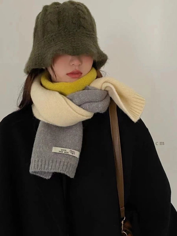 New Autumn And Winter Style Contrast Color Scarf Female Neck Protection Korean Cute Student Warm Knitted Scarf Male