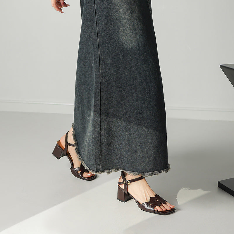 Elegant Square Toe Leather Sandals 50mm Block Heel Open Toe Pumps for Summer in Silver/Apricot/Brown