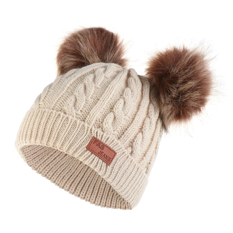 Autumn And Winter Children's Thickened Wool Hat Ear Double Hair Ball Warm Ear Protection Knitted Hat Set With Standard Solid Color Hat