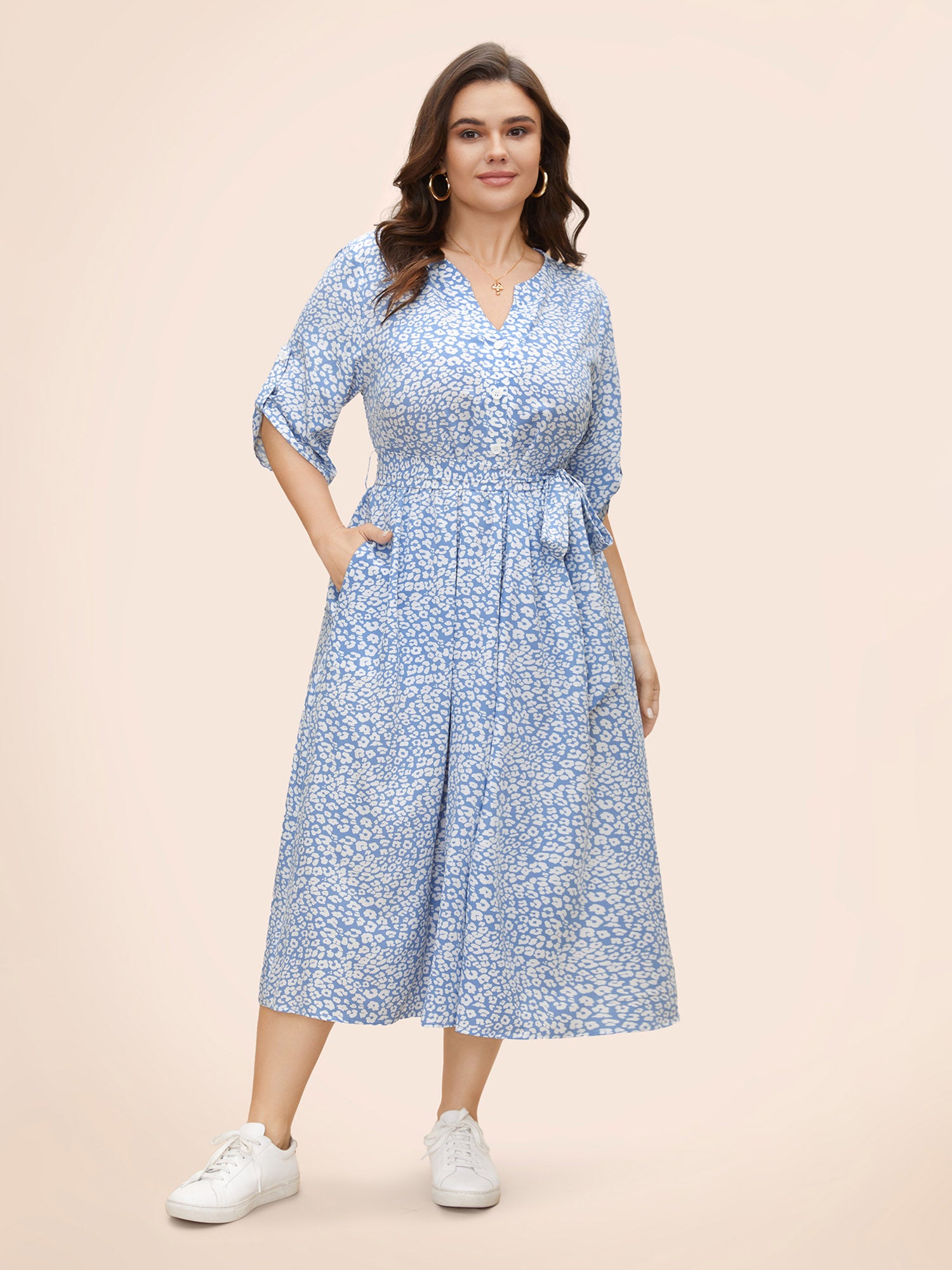 Daisy Print Midi Tab Sleeve Dress