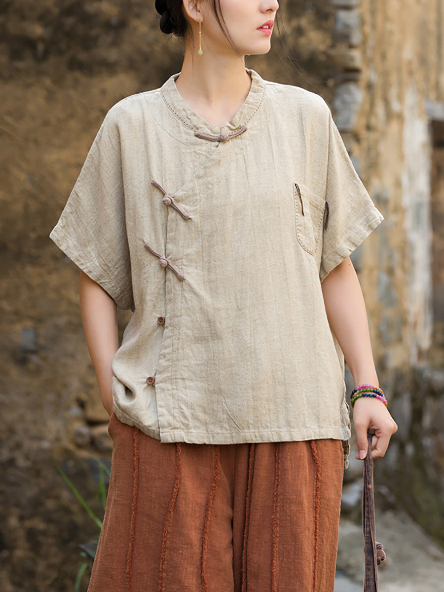 Women Summer Ethnic Pure Color Stand Collar Linen Shirt