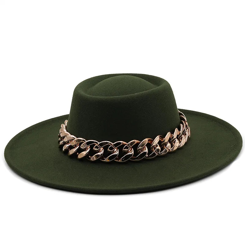 New Retro Ethnic Style 9.5 Brim Wool Woolen Felt Hat Concave Top Men's And Women's Top Hat Large Brim Thick Gold Chain Hat