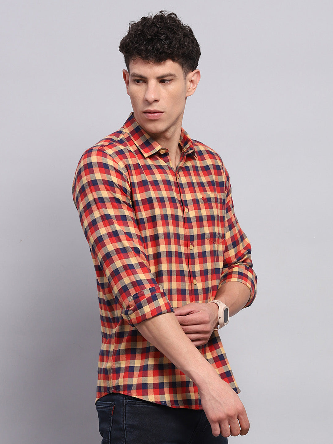 Men Red Check Collar Full Sleeve Shirt