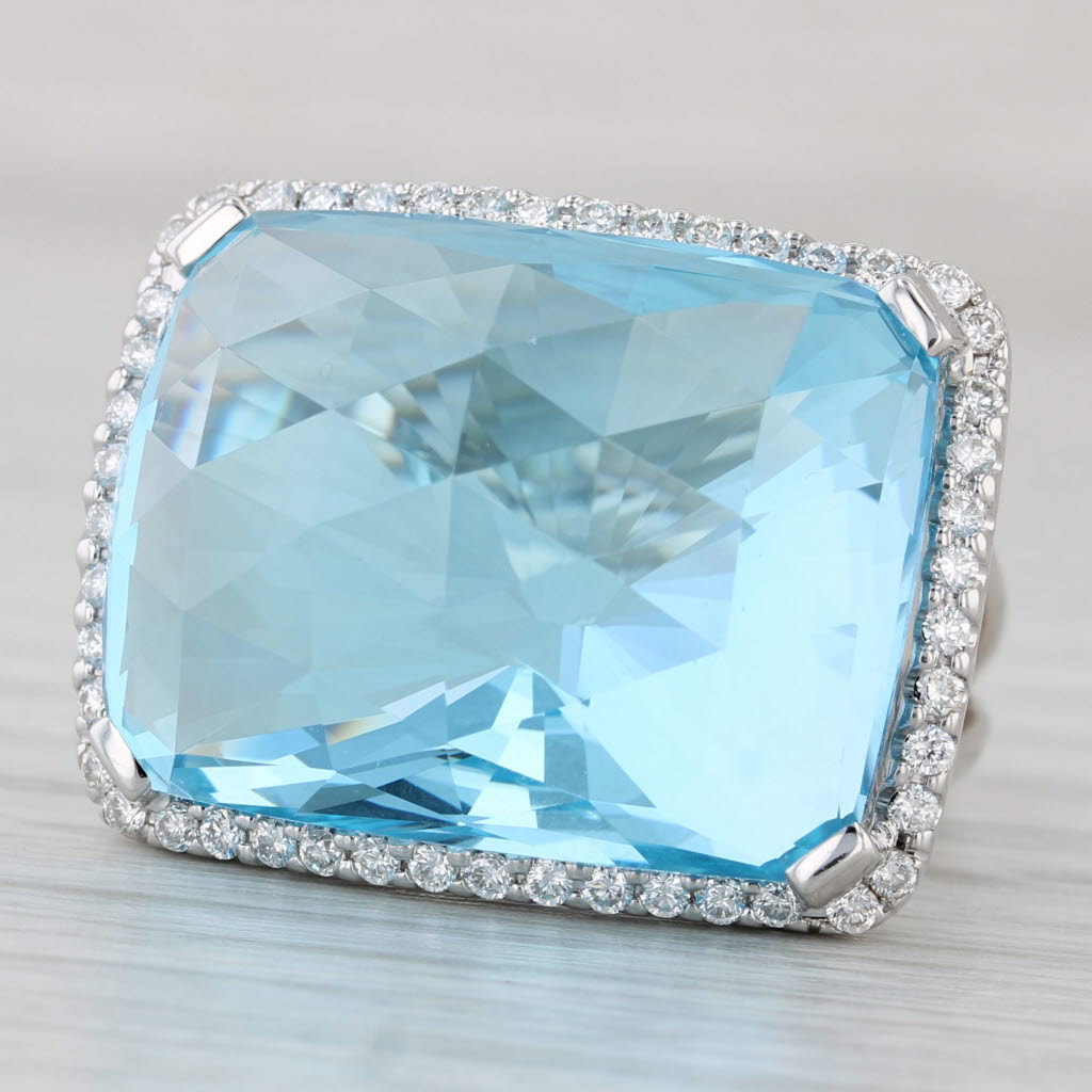 37.47ctw Blue Topaz Diamond Halo Ring 18k White Gold Size 6.5 Cocktail