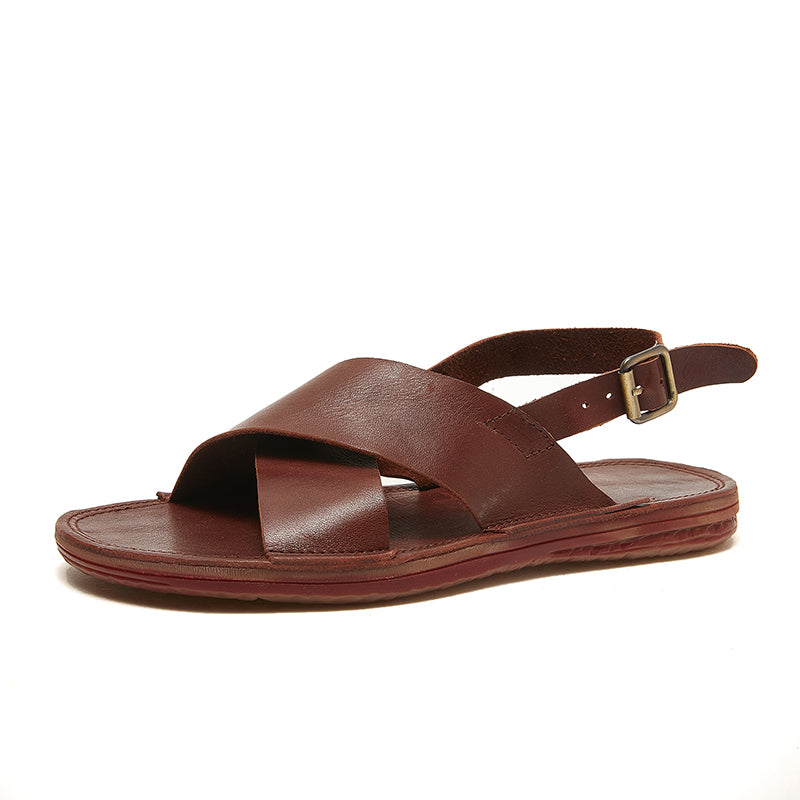Genuine Leather X-Strap Peep Toe Slingback Flat Sandals Gladiator Style for Summer in Coffee/Khaki
