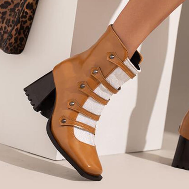 Colorblock Button Decor Square Toe Chunky Heels Ankle Boots