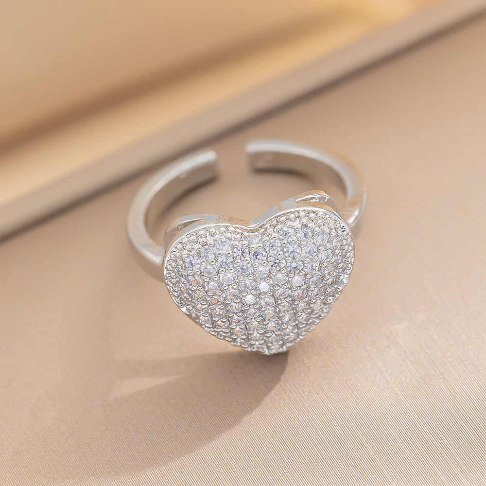 Fashion Zircon Love Ring Female Ins Design Niche High-End Open Ring