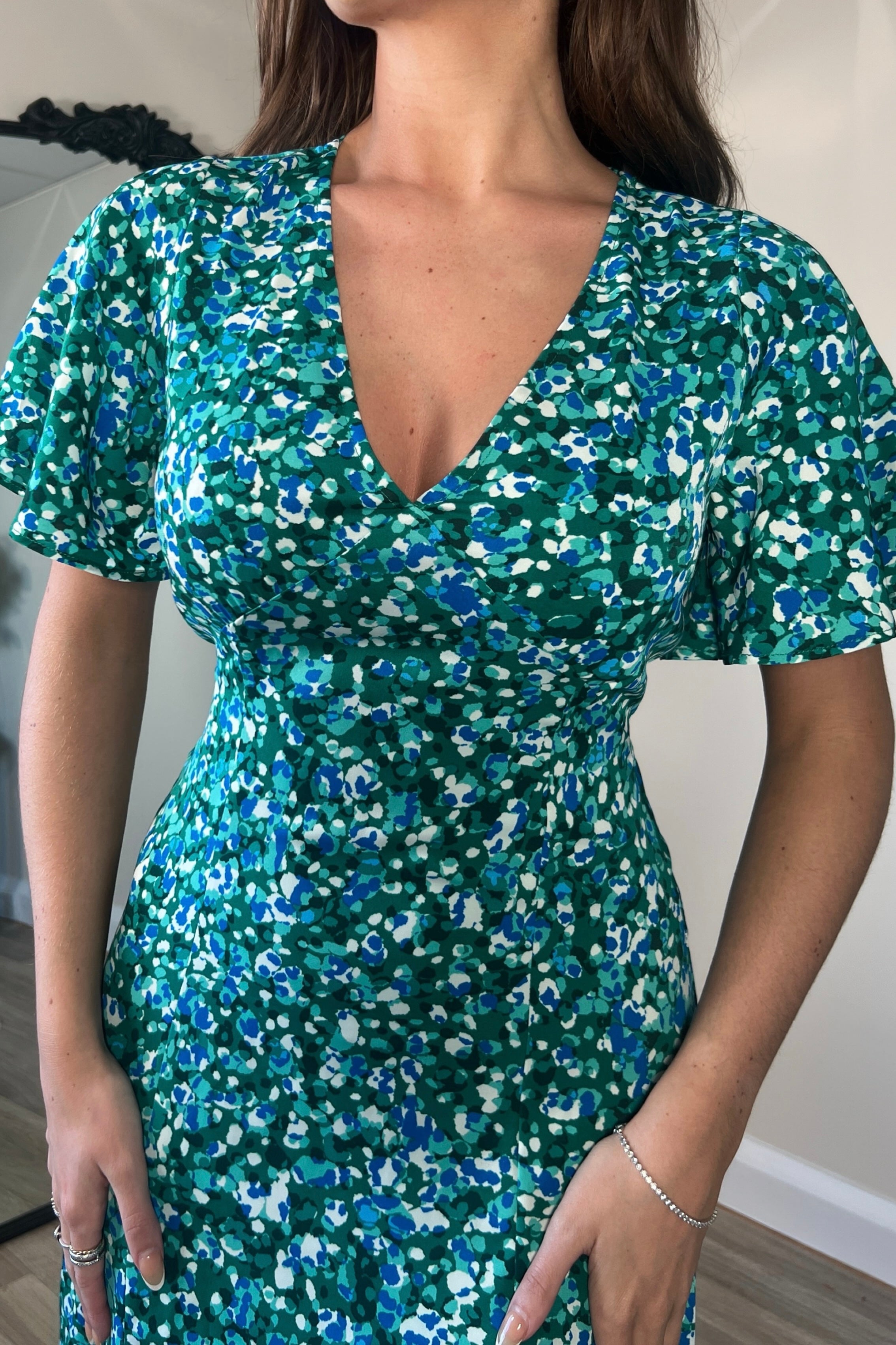 Levi Green Angel Sleeve Split Leg Midi Dress