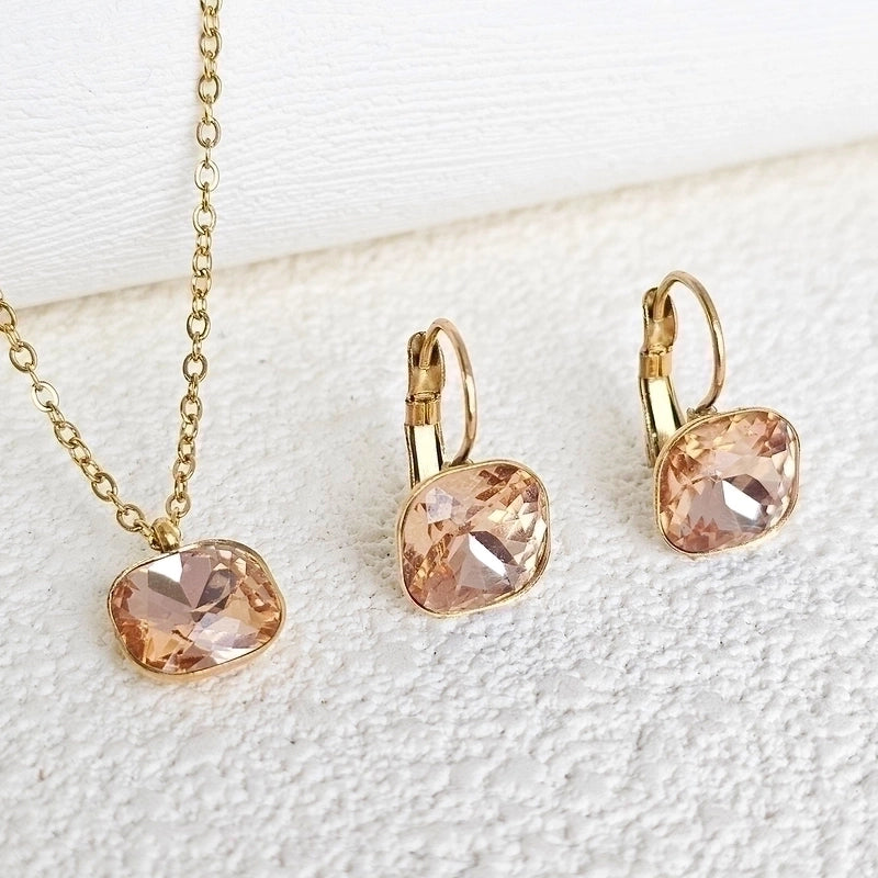 304 Stainless Steel Gold Plated Minimalist Shiny Inlay Square Zircon Jewelry Set