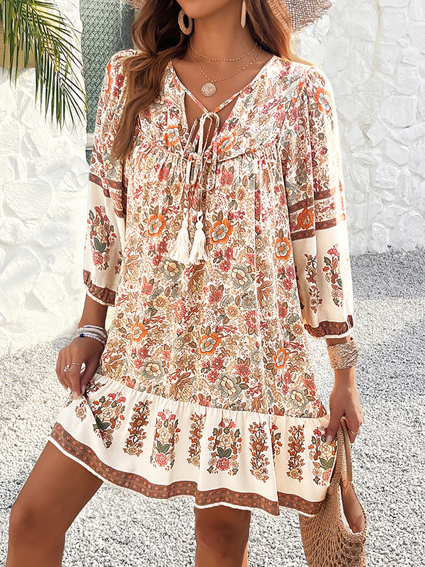 A-Line Loose Contrast Color Drawstring Flower Print Pleated Split-Joint V-Neck Mini Dresses