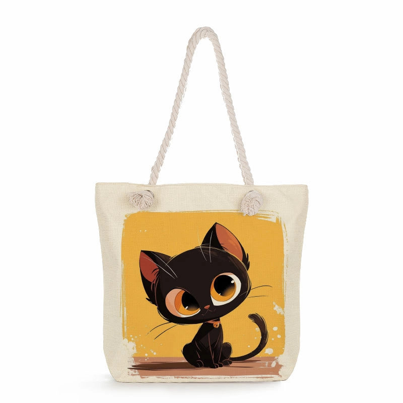 Women's Medium Linen Cat Cute Square Zipper Tote Bag Beach Bag