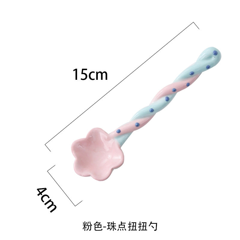 Ceramic Long Handle Spoon Household Spoon High-looking Cute Style Mixing Spoon Coffee Spoon Girl Heart Spoon