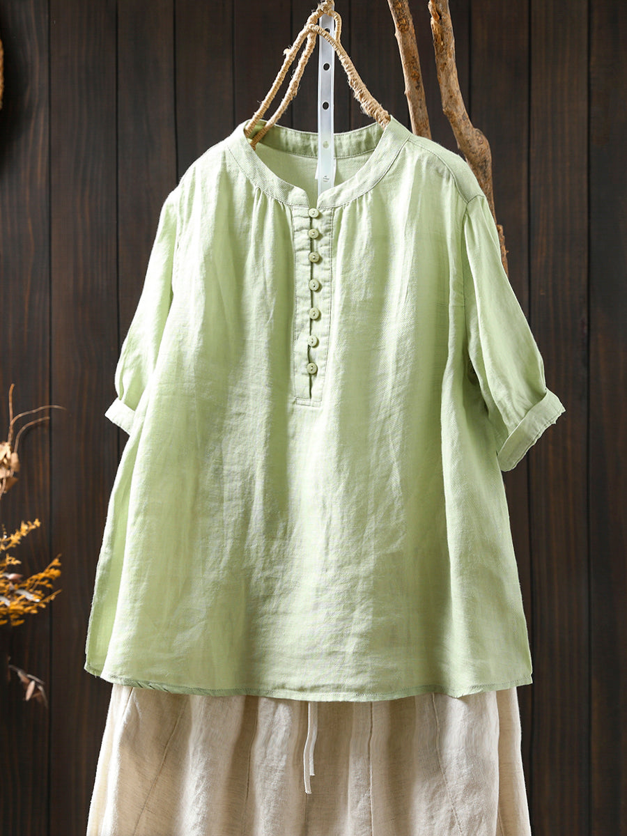 Women Summer Pure Color Stand Collar 100%Ramie Shirt