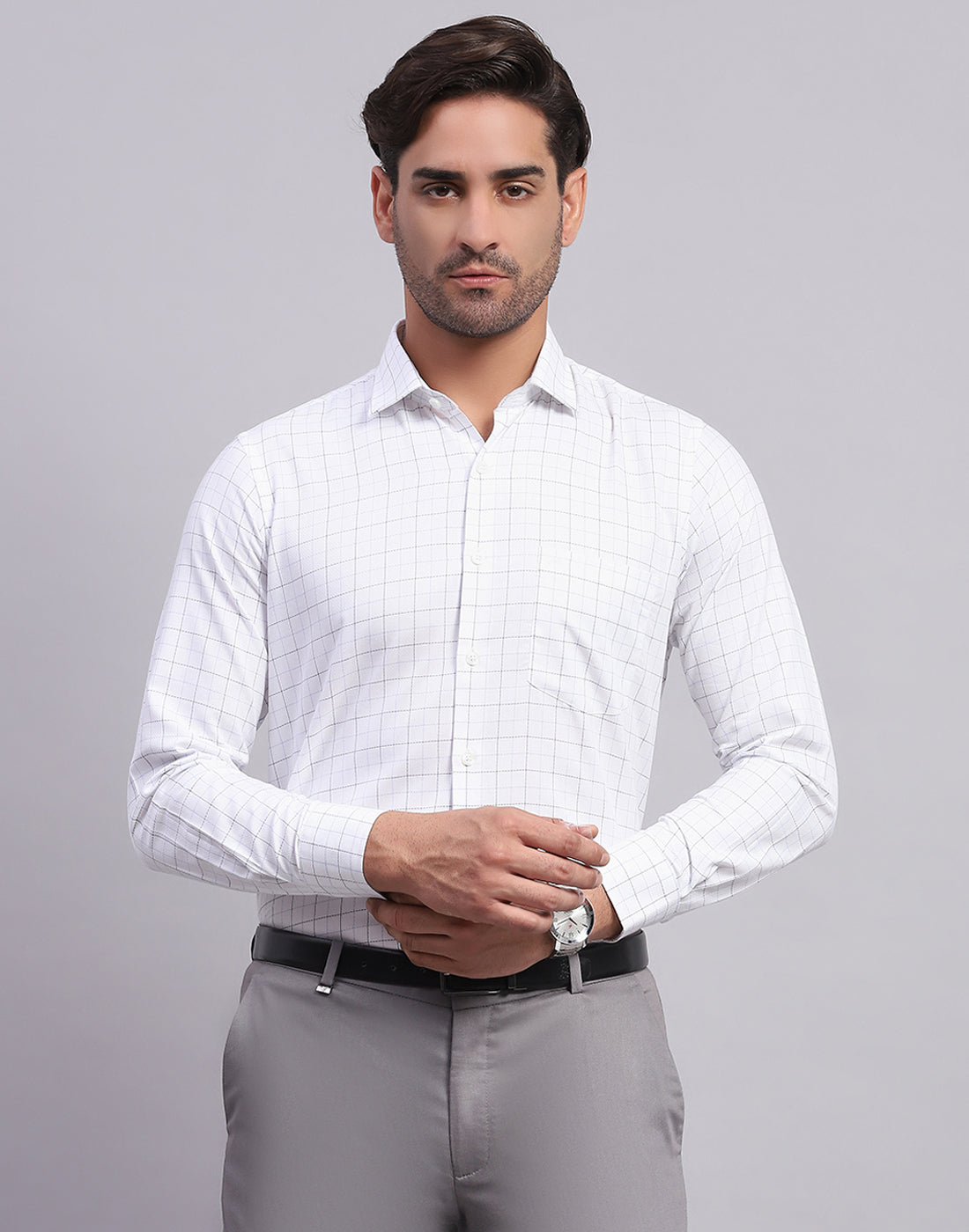 Men White Check Collar Full Sleeve Shirt