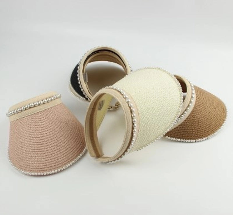 Women's Sweet Pastoral Solid Color Pearl Curved Eaves Sun Hat