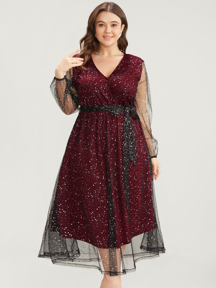 Polka Dot Lantern Sleeve Surplice Neck Mesh Belted Dress