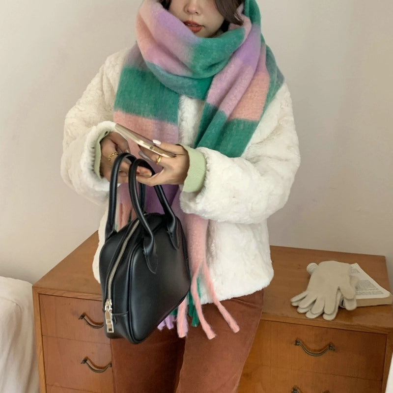 Knock On The Beauty Drop ~ A Big Love Thick Braid Rainbow Checkered Color Matching Scarf Winter Cashmere Plaid Tassel Shawl