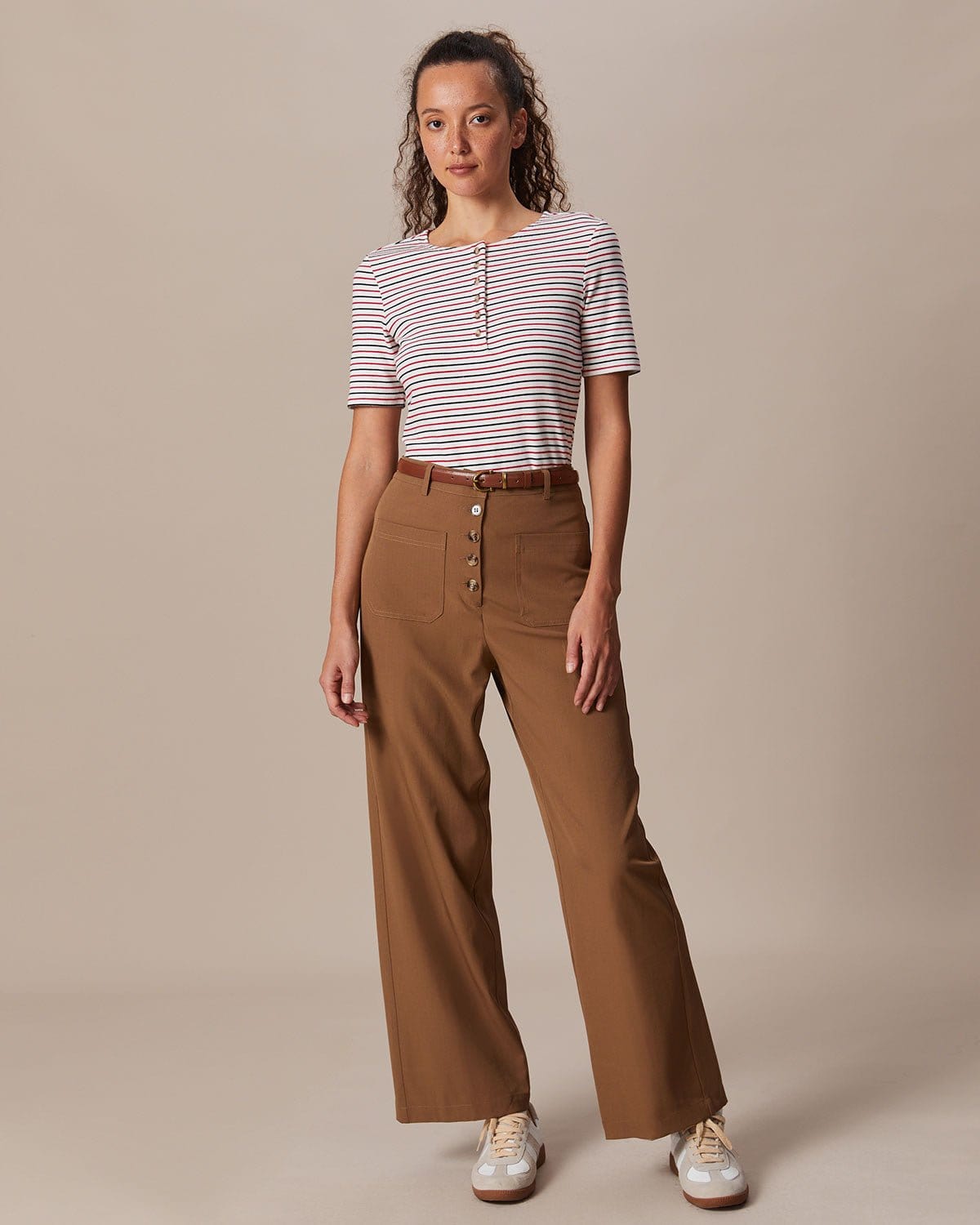 The Red Round Neck Button Striped Tee