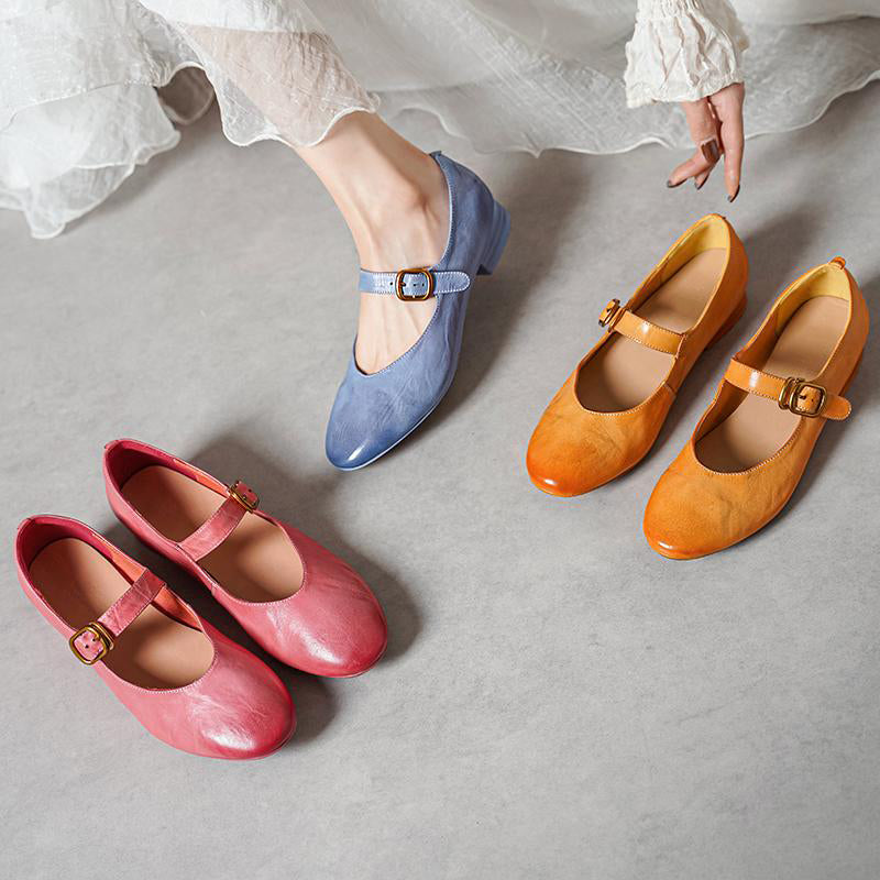 Vintage Handmade Soft Washed Horse Leather Mary Jane Shoes Pink/Blue/Yellow