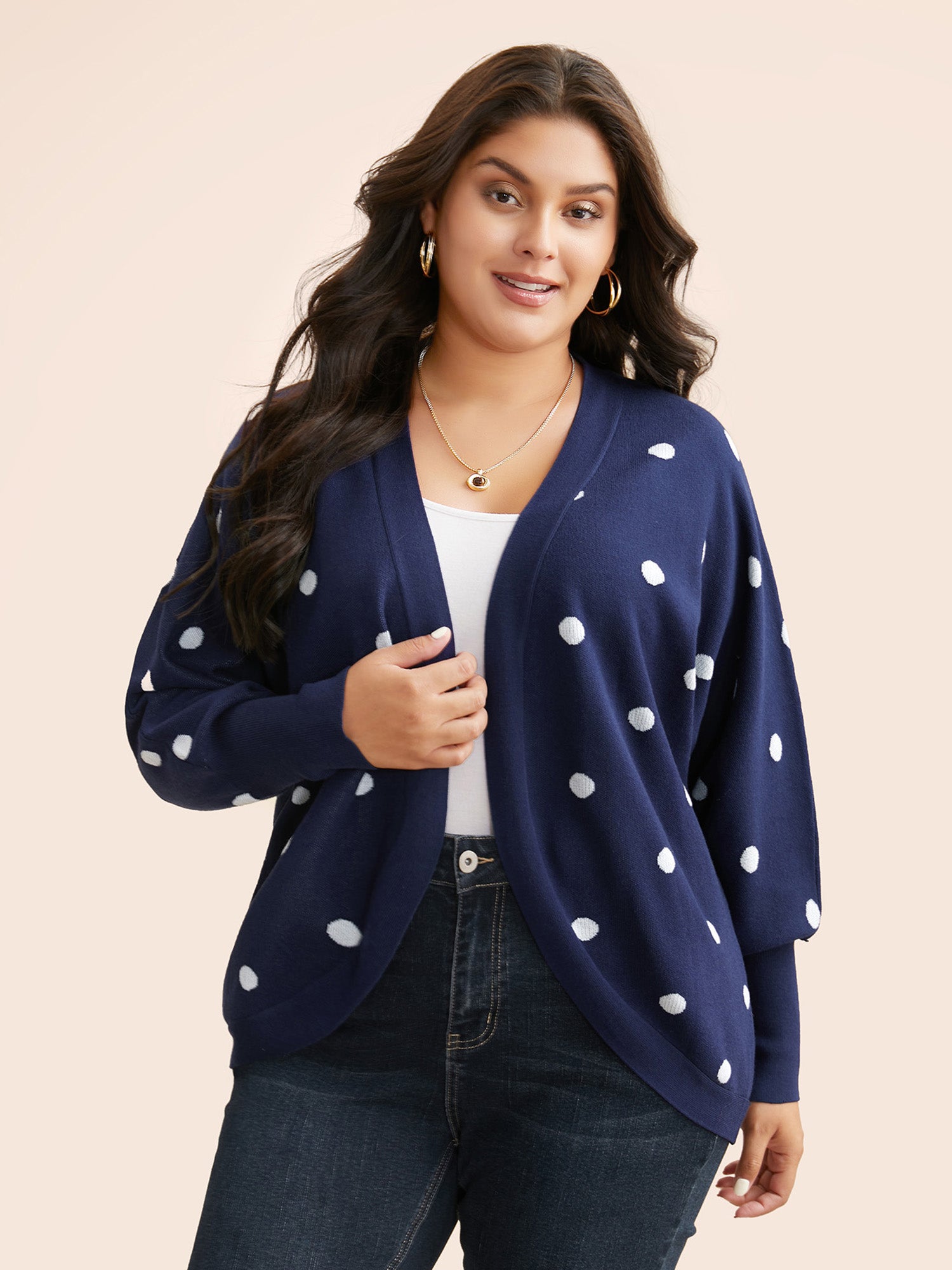 Polka Dot Curved Hem Dolman Sleeve Cardigan