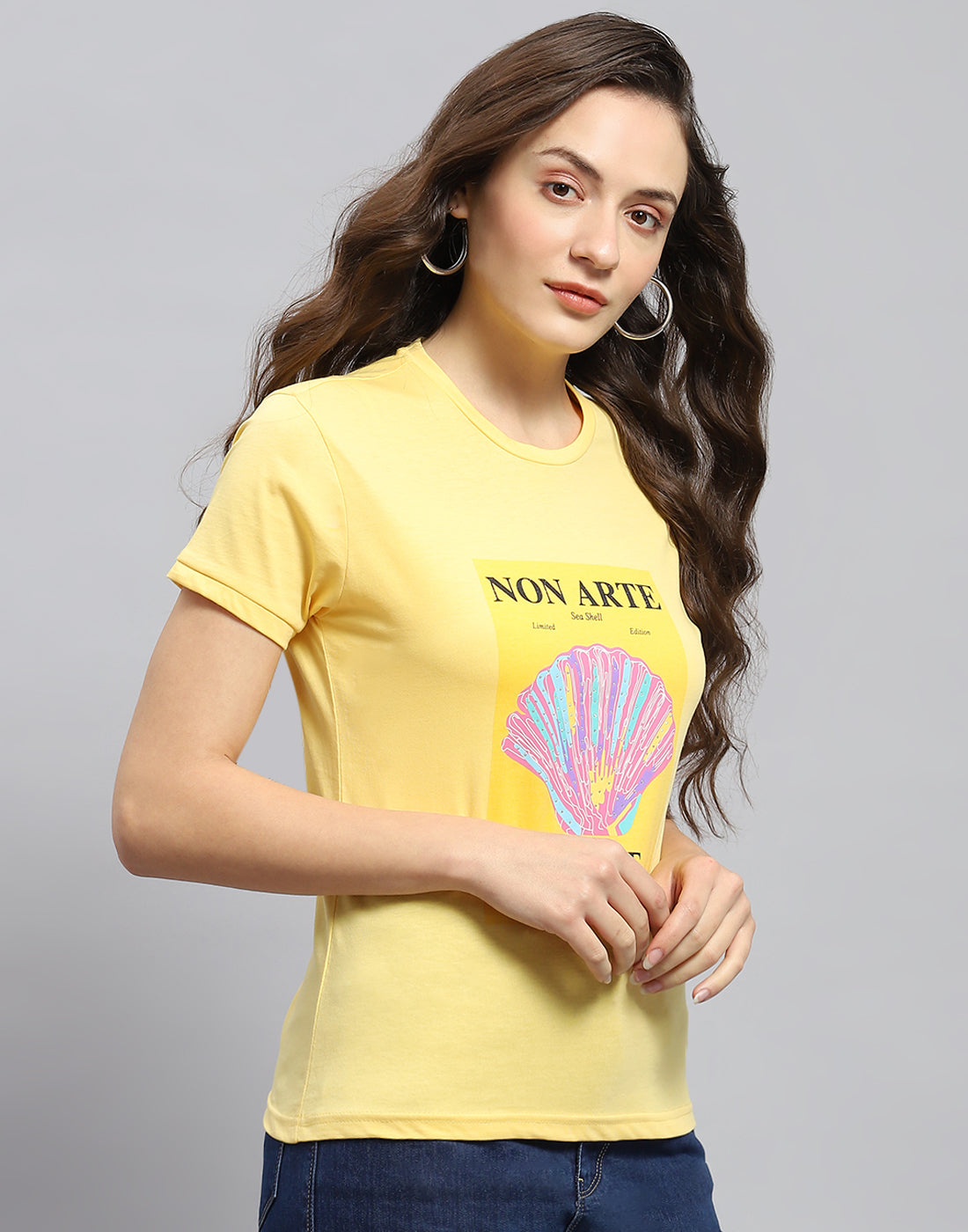 Women Yellow Printed Round Neck Half Sleeve Top