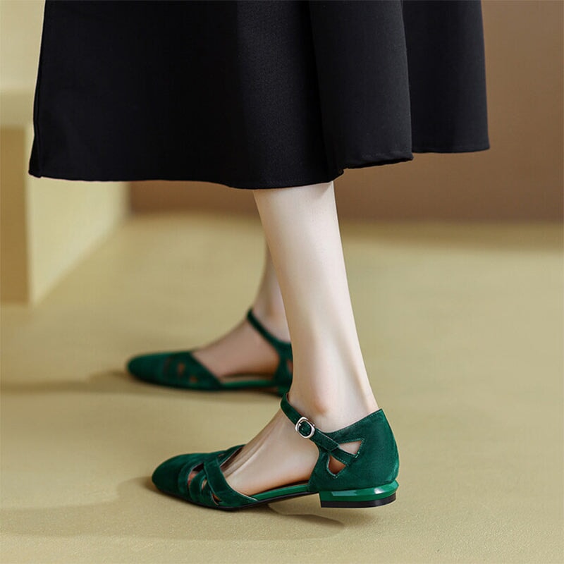 Block Heel Leather Gladiator Sandals in Green/Apricot
