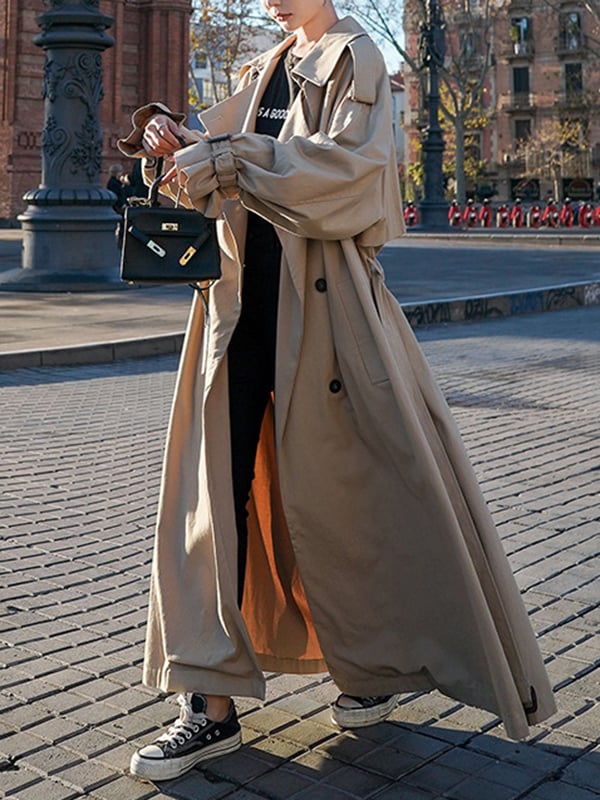Long Sleeves Loose Buckle Buttoned Split-Back Tied Waist Lapel Outerwear Trench Coats
