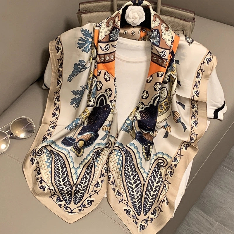 Women's IG Style Elegant Stripe Flower Chains Print Satin Printing Silk Scarf