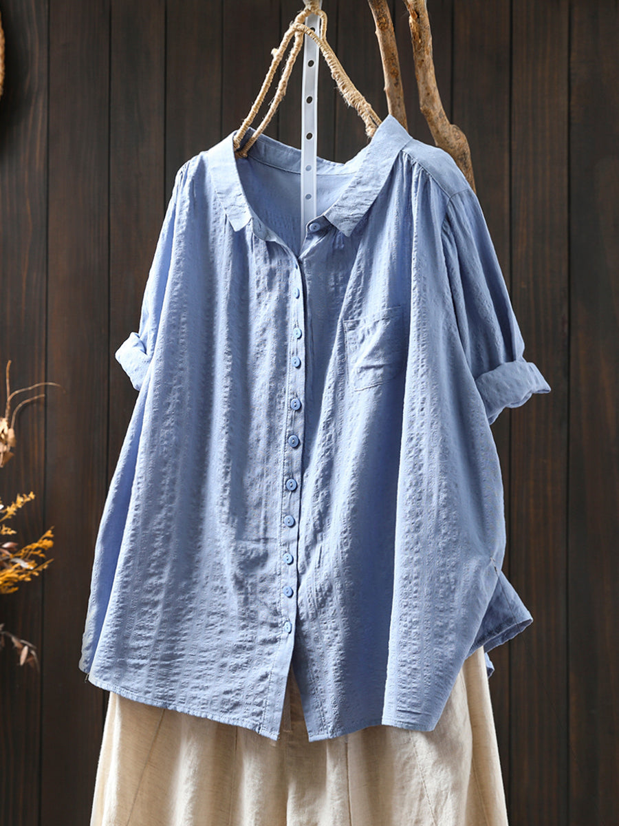 Women Spring Casual Pure Color Turn-down Collar Cotton Shirt