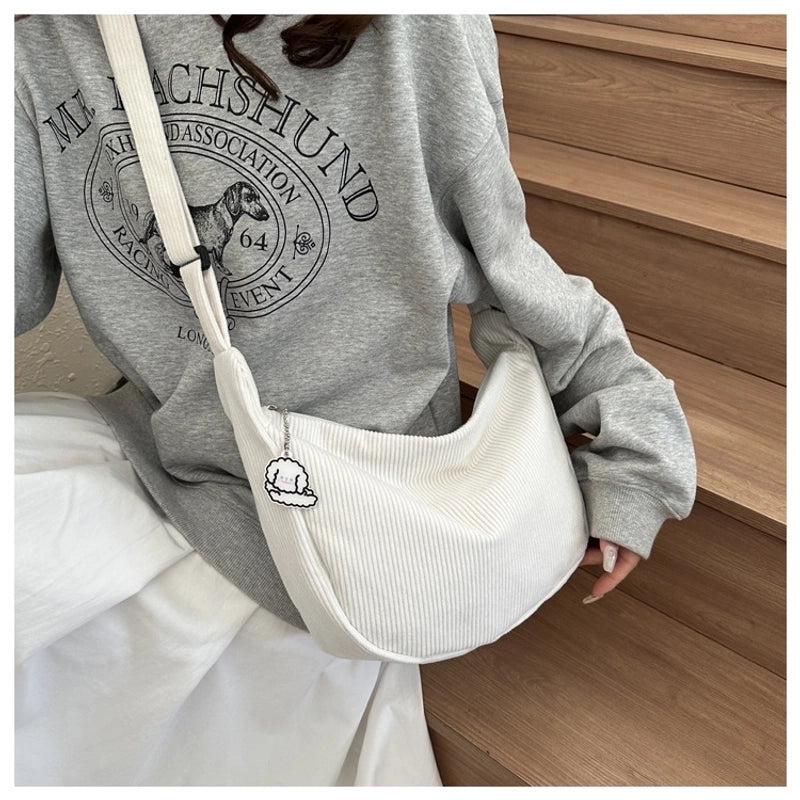 Women's Large Corduroy Solid Color Streetwear Dumpling Shape Zipper Shoulder Bag
