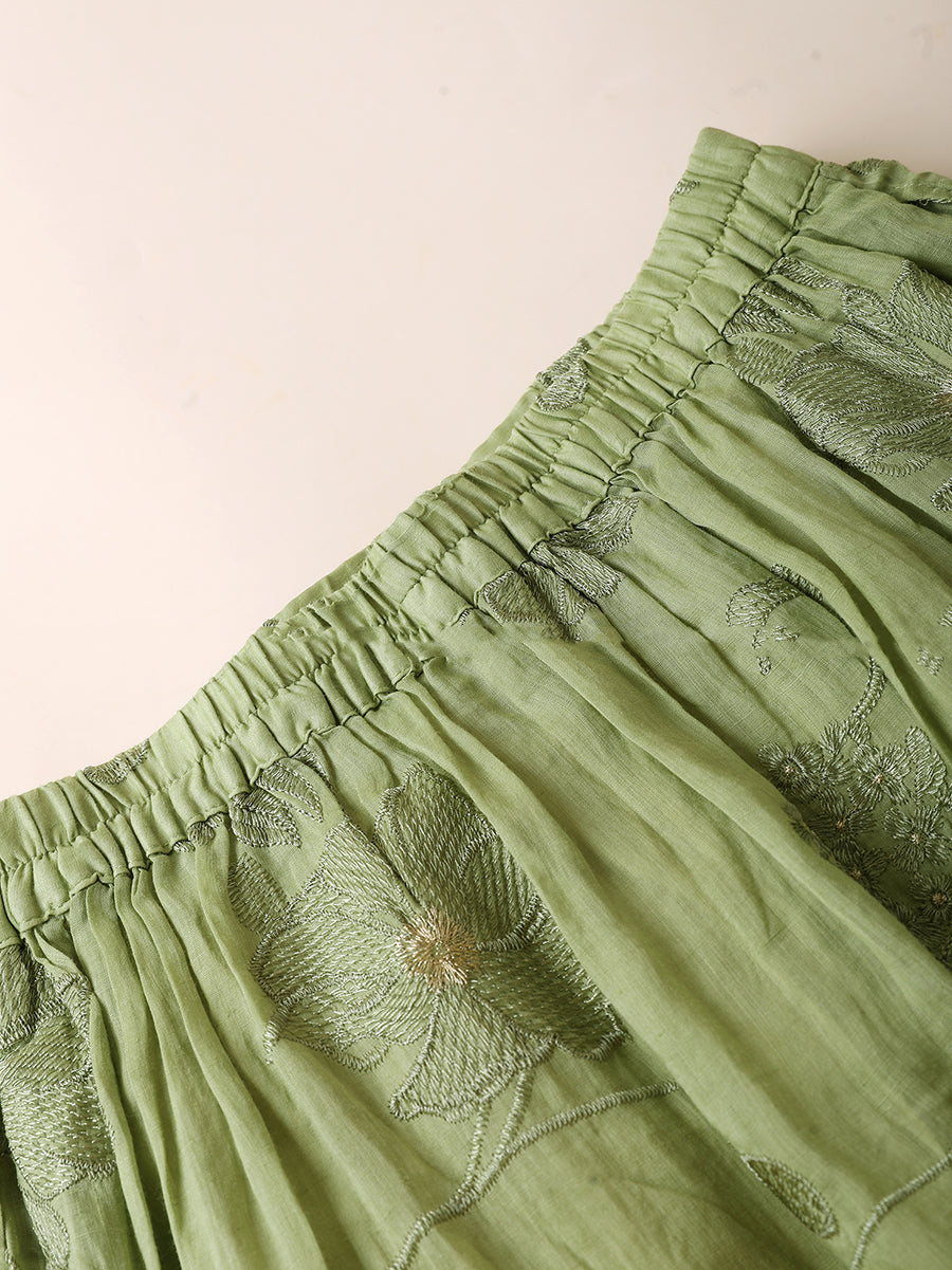Women Summer Artsy Flower Embroidery 100%Ramie Skirt