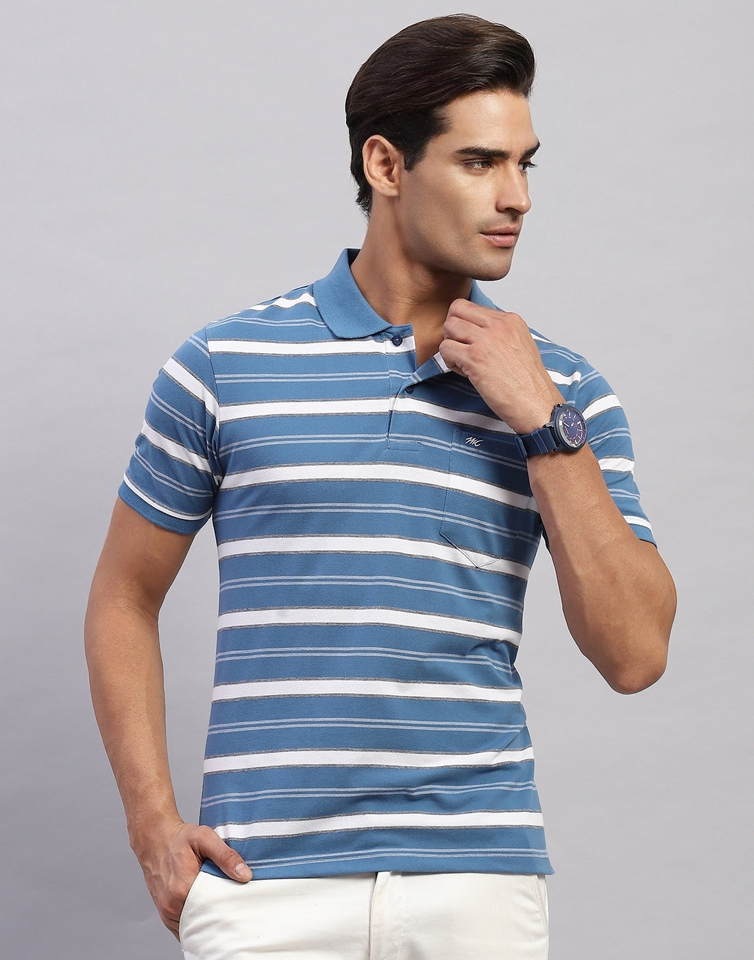 Men Blue Stripe Polo Collar Half Sleeve T-Shirt