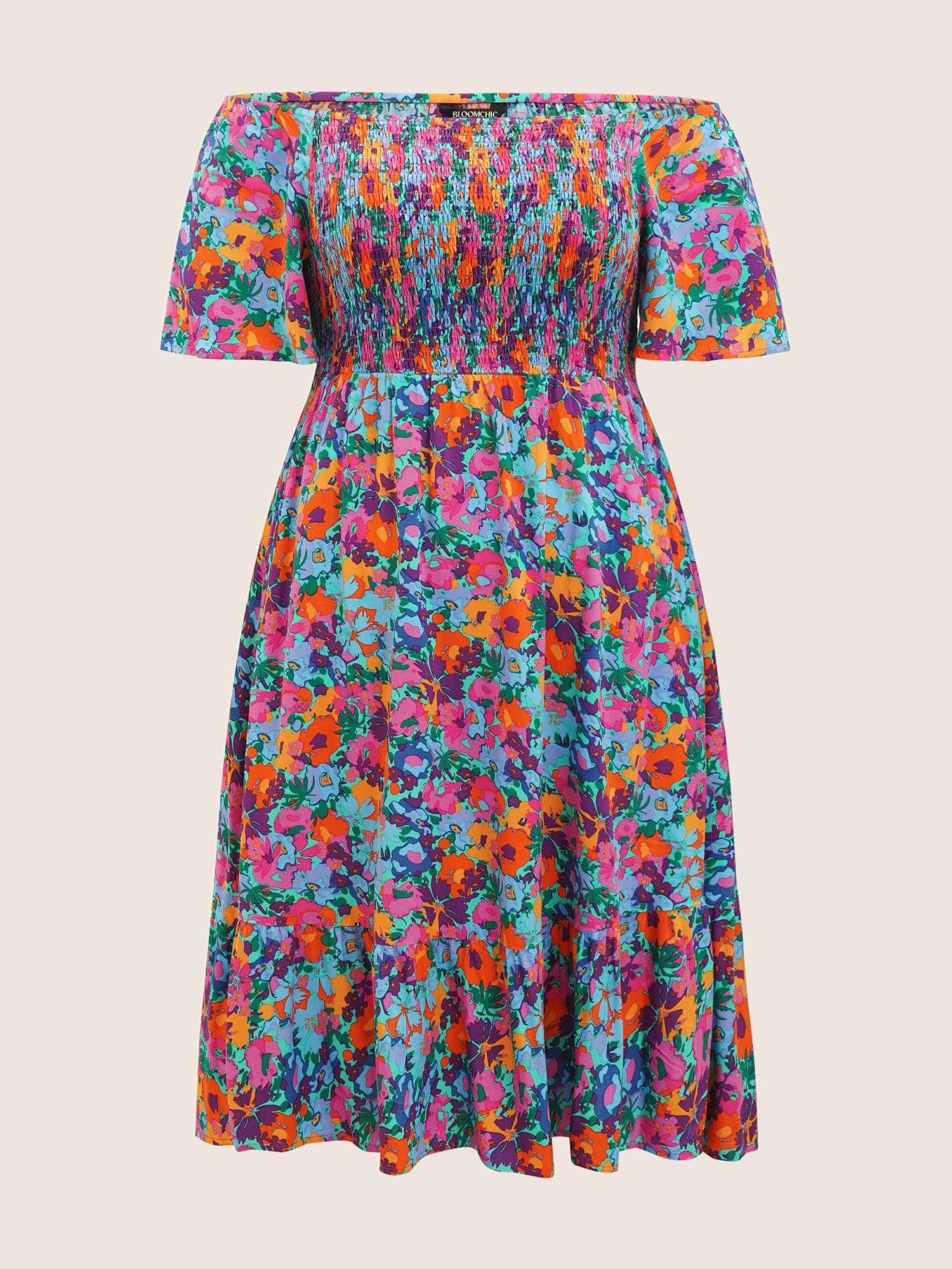 Colored Floral Elastic Waist Shirred Midi Dress