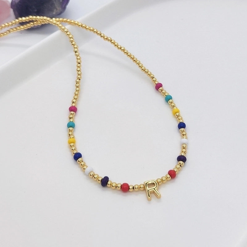 Ig Style Minimalist Letter Glass Copper Beaded Knitting Plating 18k Gold Plated Necklace