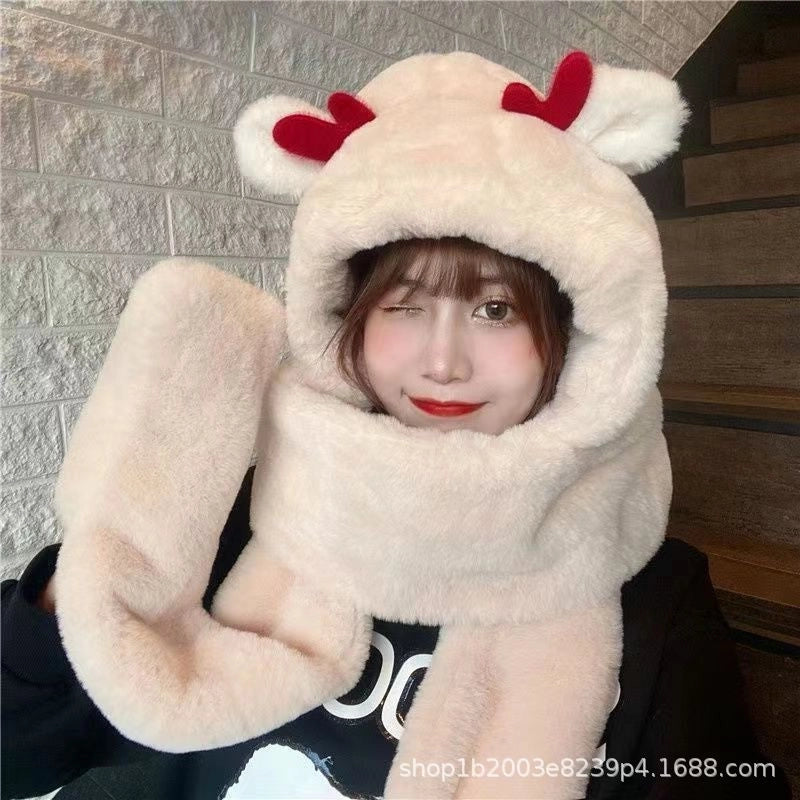 Hat Scarf Gloves Integrated Hat Autumn And Winter  Versatile Warm Toe Cap Winter Cute Plush Double Layer Hat For Women