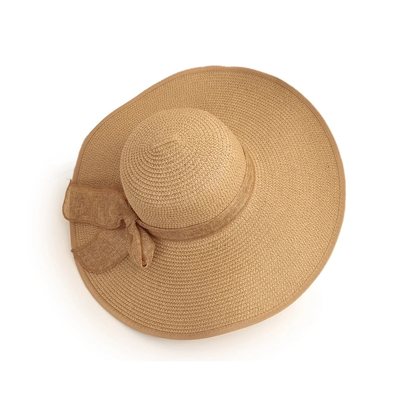 Fashion Solid Color Big Eaves Sunshadebowknot Straw Hat